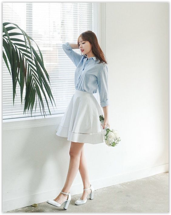 藍白穿搭　優雅 